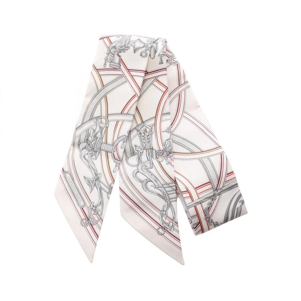 Hermes Twilly HARNAIS LEGENDAIRE Ribbon Scarf Muffler Silk Women's White Mult...